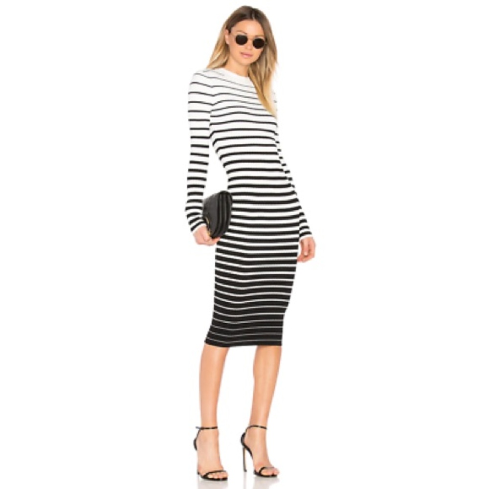 Milly Black and White Striped Degrade Long Sleeve Midi Dress